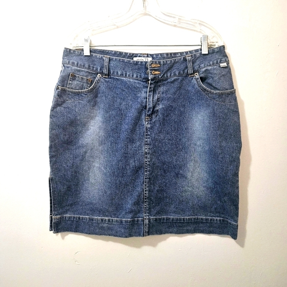 Roots 73 Sz 10/30 Denim Midi Skirt Side Slit 90s Y2K Belt Tab Zipper Skirt